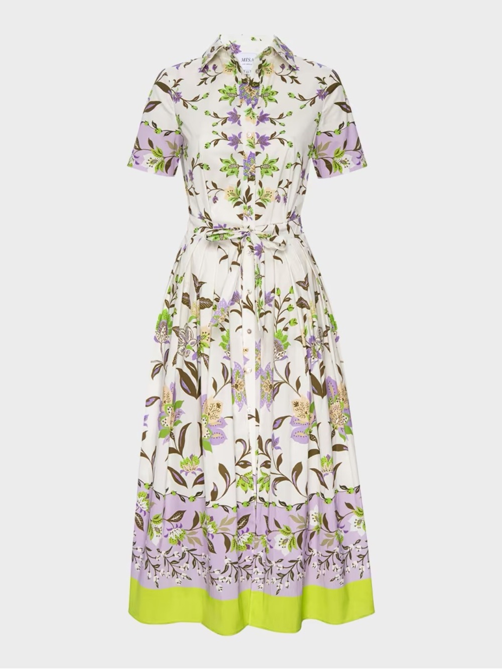MISA Floral Button-Front Midi Shirt Dress in White and Lilac